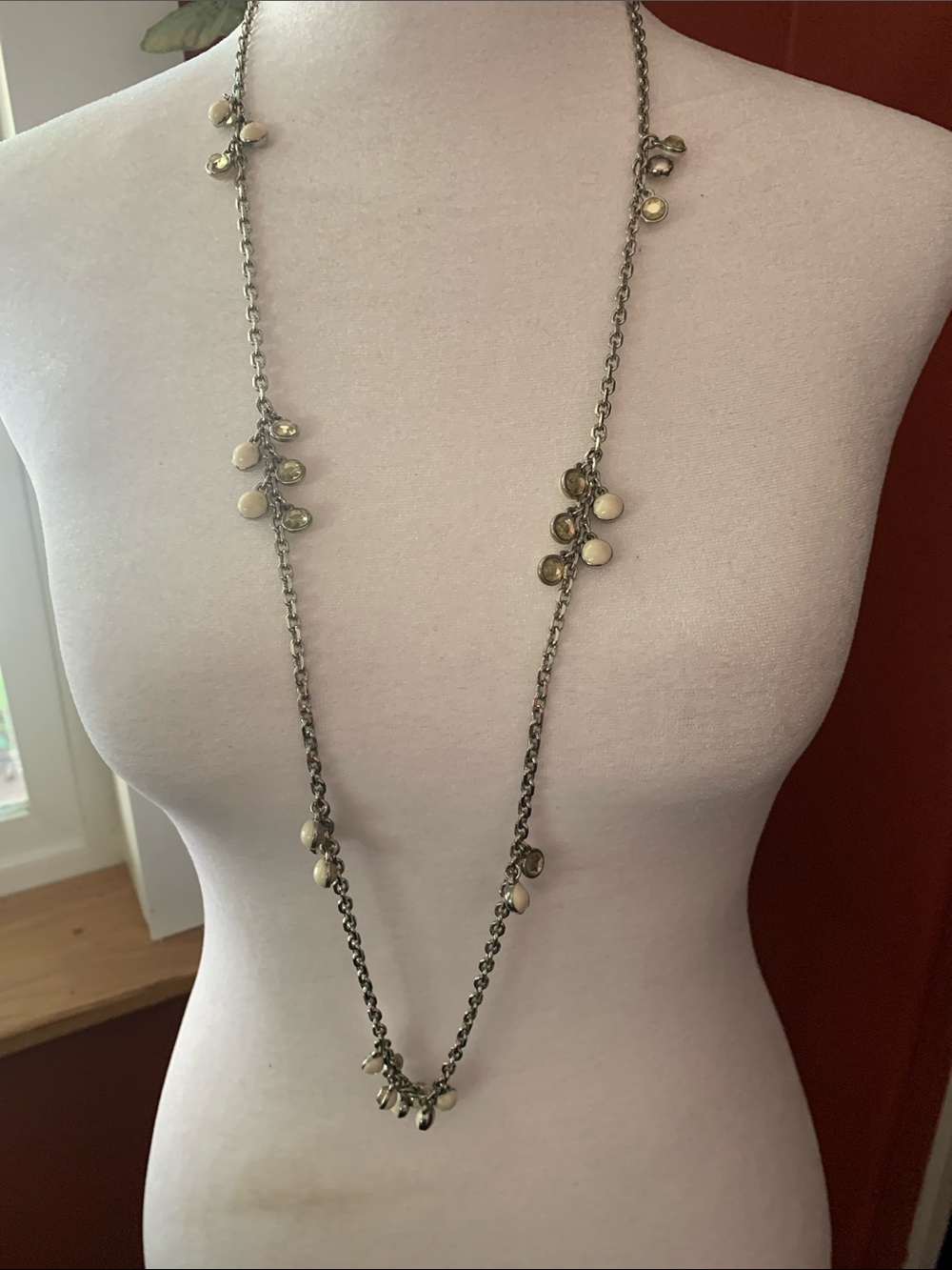 Lia Sophia Long Silver-Tone Chain with Cream and Gold Beads